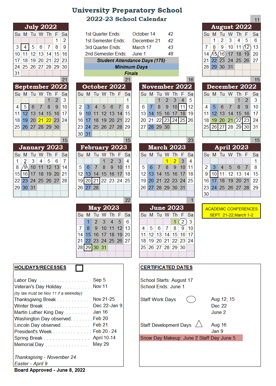 U-Prep 2021-22 Academic Calendar
